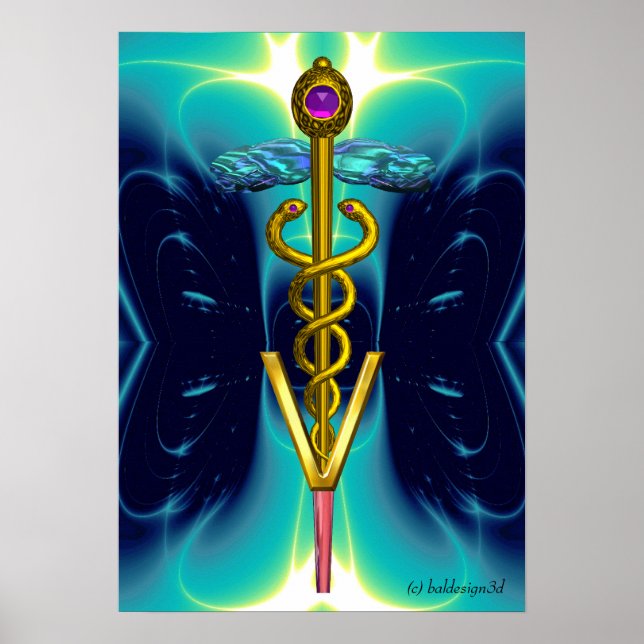 GOLD CADUCEUS VETERINARY SYMBOL Teal Aqua Blue Poster (Front)