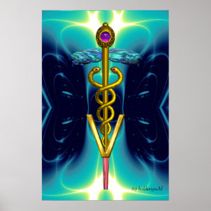 GOLD CADUCEUS VETERINARY SYMBOL Teal Aqua Blue Poster