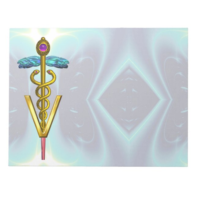 GOLD CADUCEUS VETERINARY SYMBOL, Teal Blue Notepad (Front)