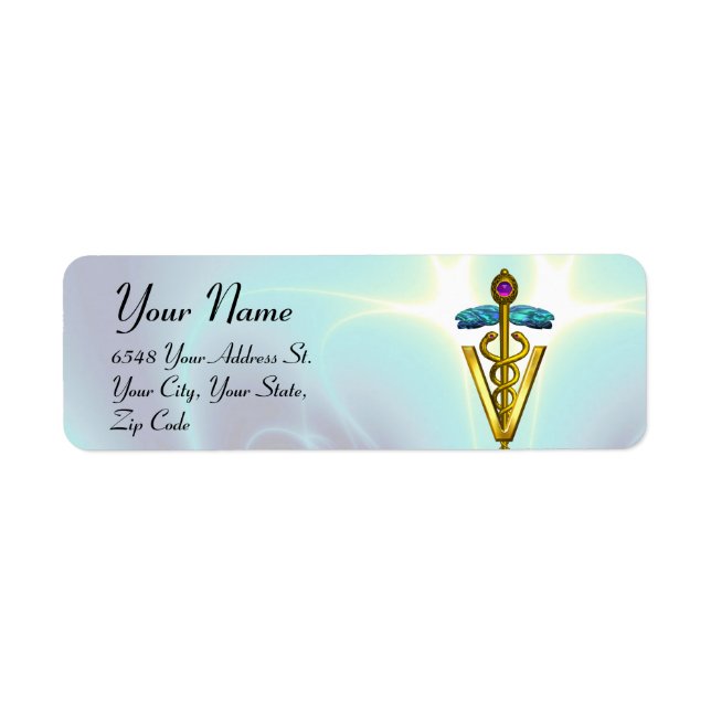 GOLD CADUCEUS VETERINARY SYMBOL Teal Blue Return Address Label (Front)