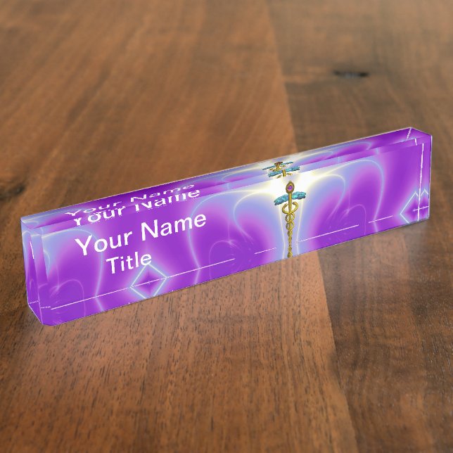 GOLD CADUCEUS , vibrant blue purple ametyst Nameplate (Side)