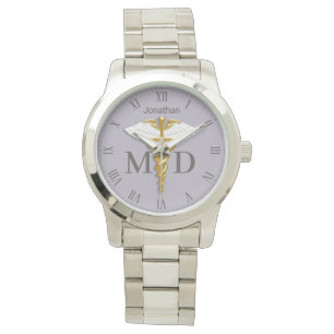 Gold Caduceus White Wings Name Medical Doctor MD Watch