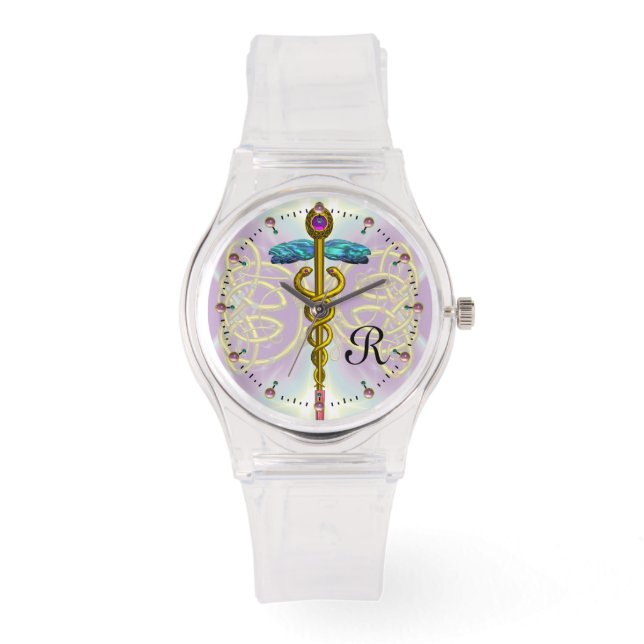 GOLD CADUCEUS WITH CELTIC KNOTS MONOGRAM Teal Blue Watch (Front)
