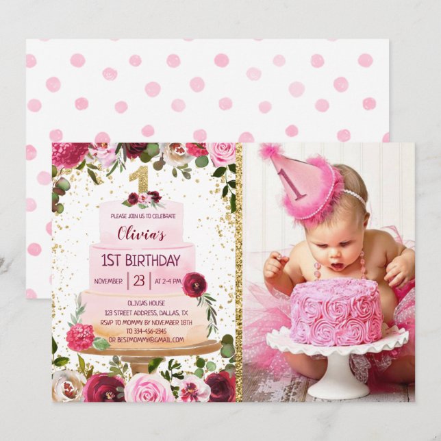 Gold Cake 1st Birthday Invitation With Photo (Front/Back)