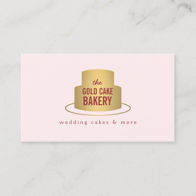Gold Cake Logo on Pink for Bakery, Cafe, Chef Business Card (Front)