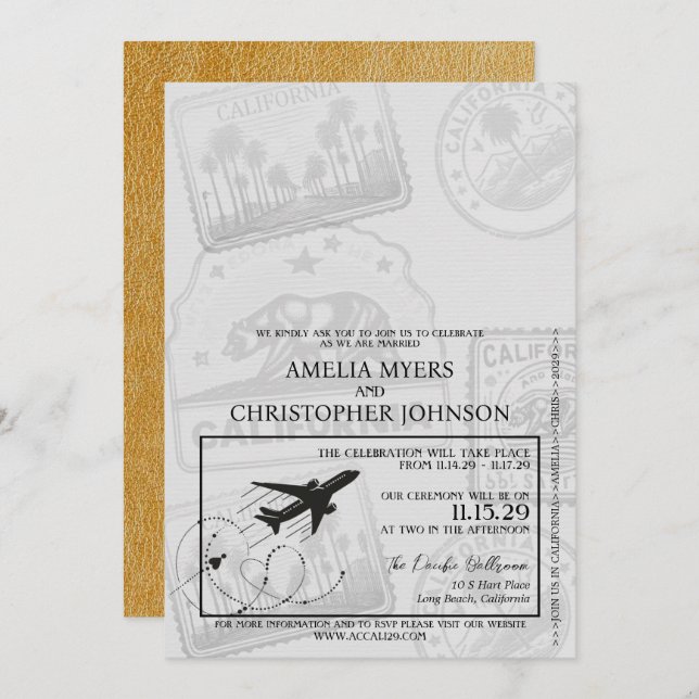 Gold California Passport Wedding Invitation (Front/Back)