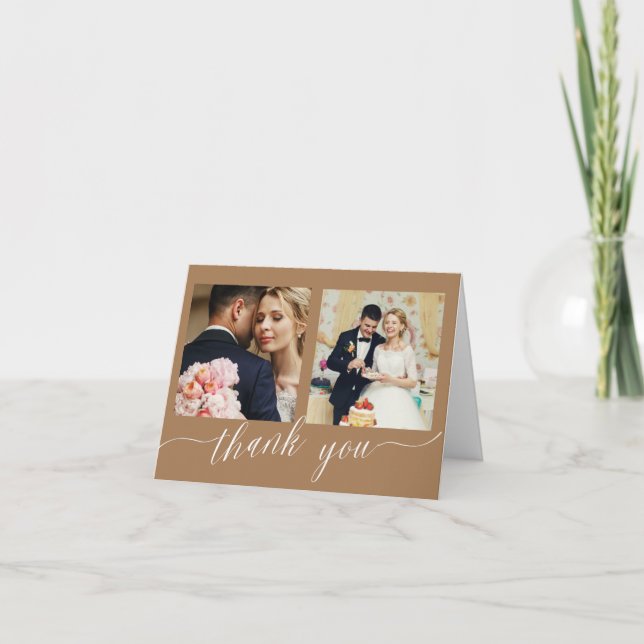Gold Calligraphy 3 photo wedding thank you cards (Front)