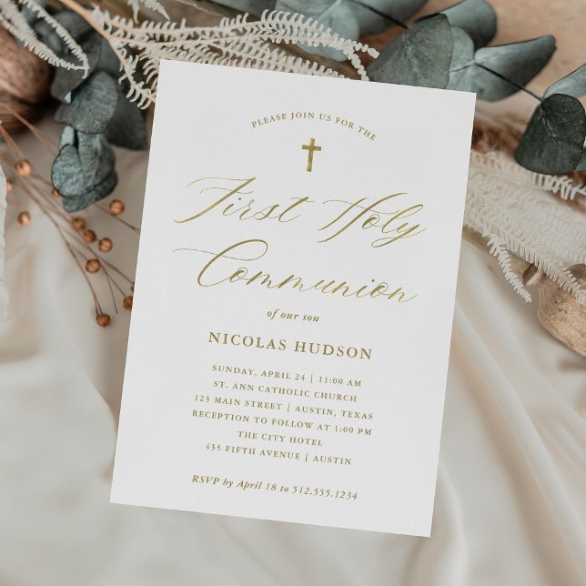 Gold Calligraphy and Cross | First Holy Communion Invitation (Creator Uploaded)