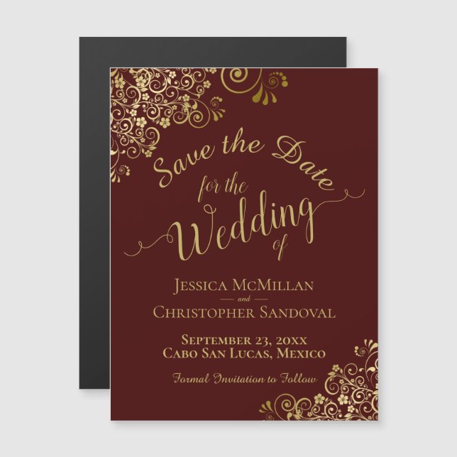 Gold Calligraphy Auburn Brown Save the Date Magnet (Front/Back)