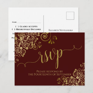 Gold Calligraphy Auburn Brown Wedding RSVP Postcard