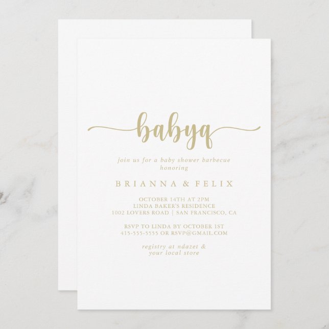 Gold Calligraphy BabyQ Baby Shower Barbecue  Invitation (Front/Back)