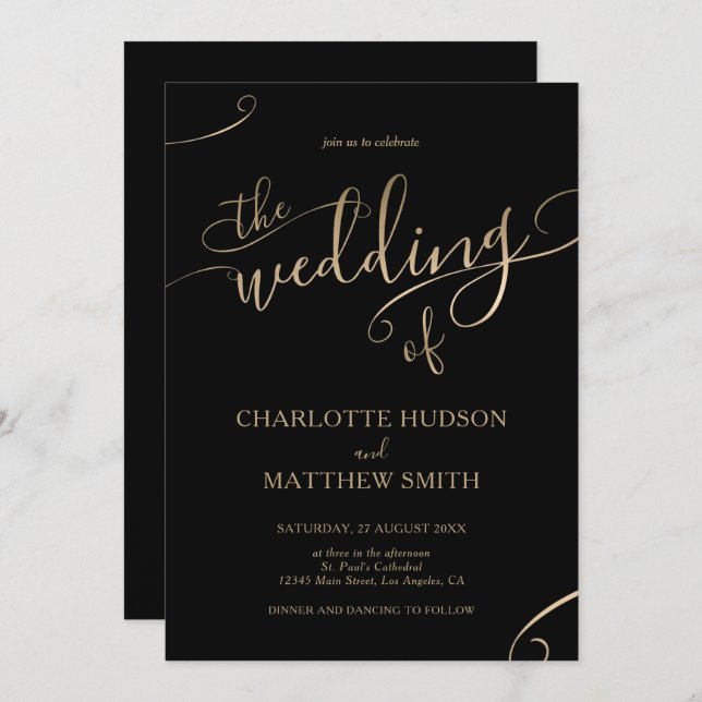 Gold Calligraphy | Black Wedding Invitation  (Front/Back)
