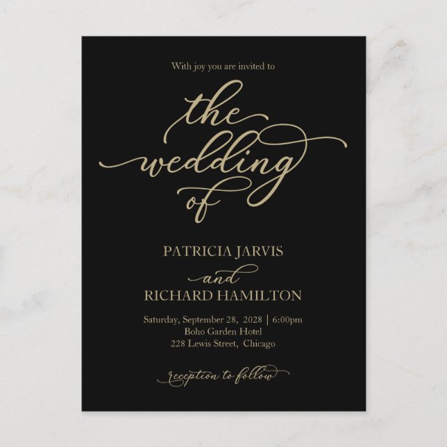 Gold Calligraphy Black Wedding Invitation Postcard (Front)