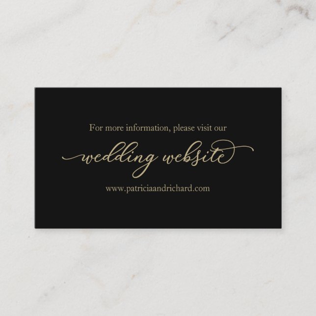 Gold Calligraphy Black Wedding Website Business Card (Front)