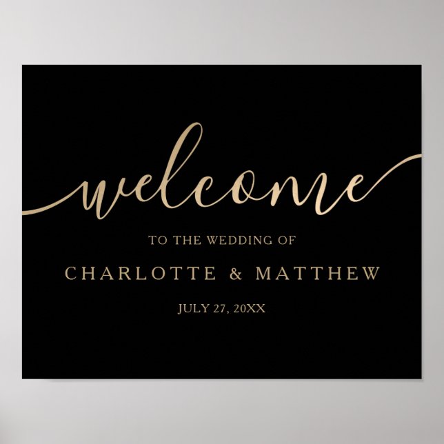 Gold Calligraphy Black Welcome Wedding Poster (Front)