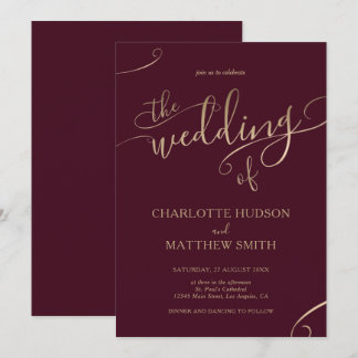 Gold Calligraphy | Burgundy Wedding Invitation