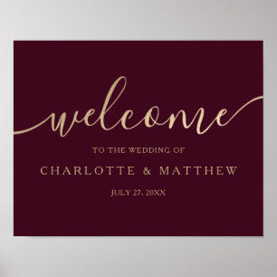 Gold Calligraphy Burgundy Welcome Wedding Poster