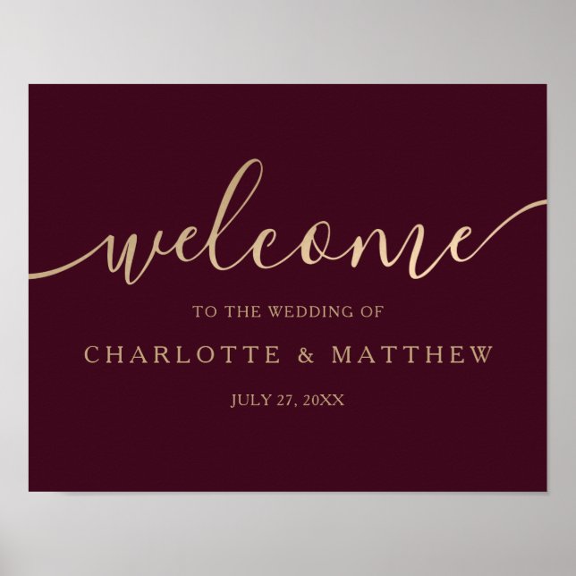 Gold Calligraphy Burgundy Welcome Wedding Poster (Front)