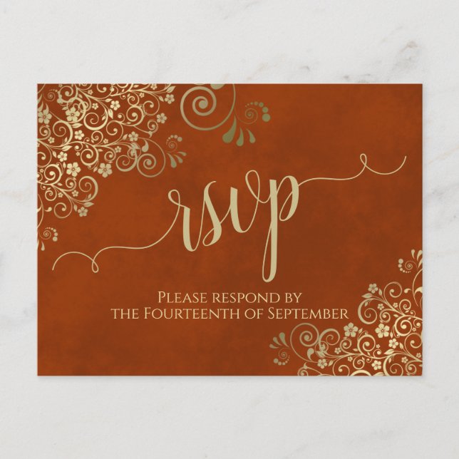 Gold Calligraphy Elegant Rust Orange Wedding RSVP Postcard (Front)