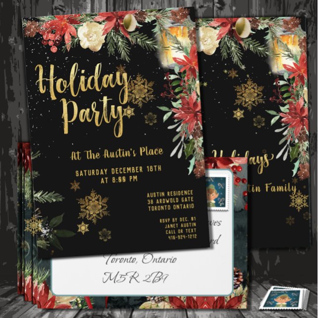 Gold Calligraphy Floral Greenery Holiday Party Invitation (Creator Uploaded)