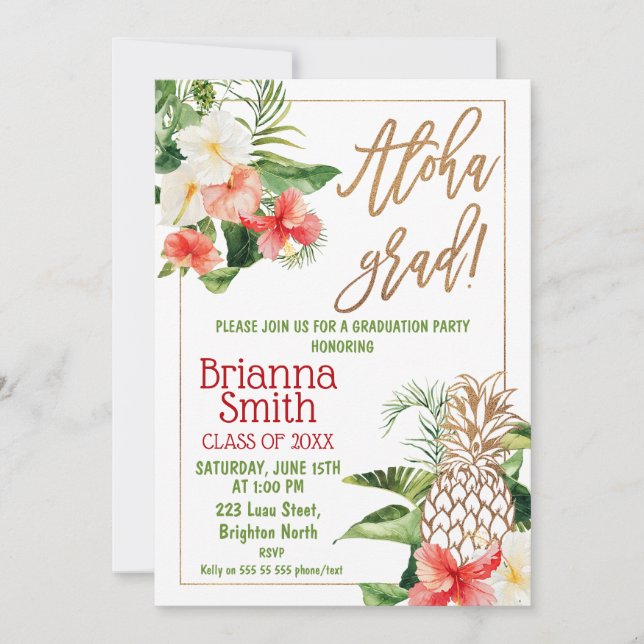 Gold Calligraphy Floral Luau Graduation Invitation (Front)