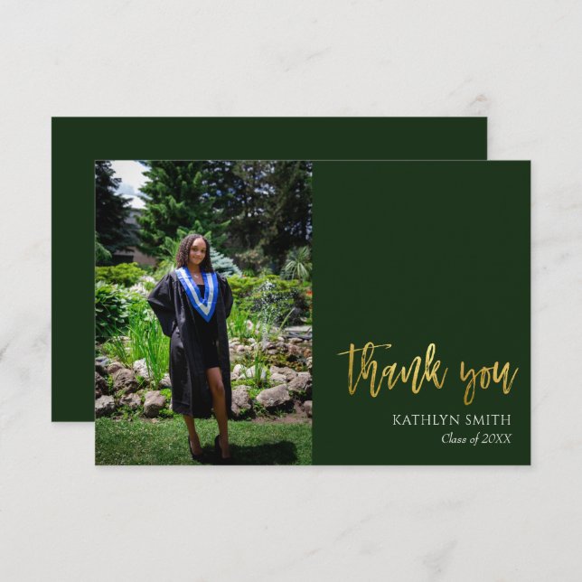 Gold Calligraphy Green Modern Photo Graduation Thank You Card (Front/Back)