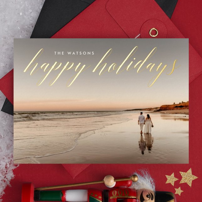 Gold Calligraphy Happy Holidays Photo Foil Holiday Card (Creator Uploaded)