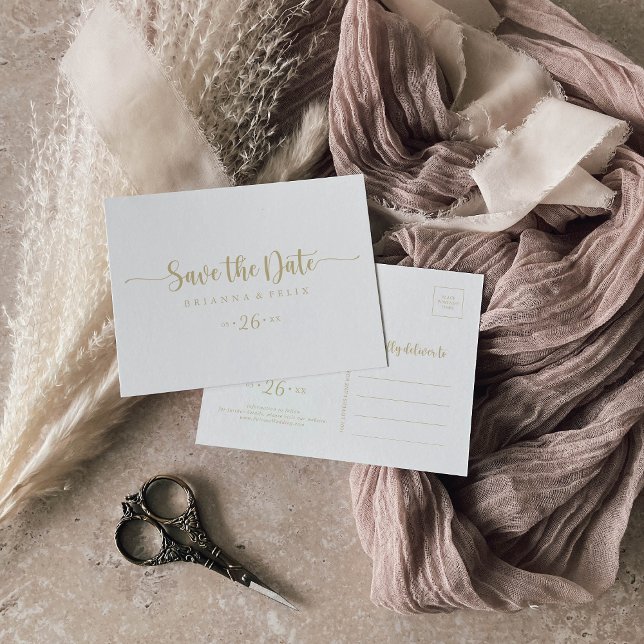 Gold Calligraphy Horizontal Save the Date Postcard (Creator Uploaded)