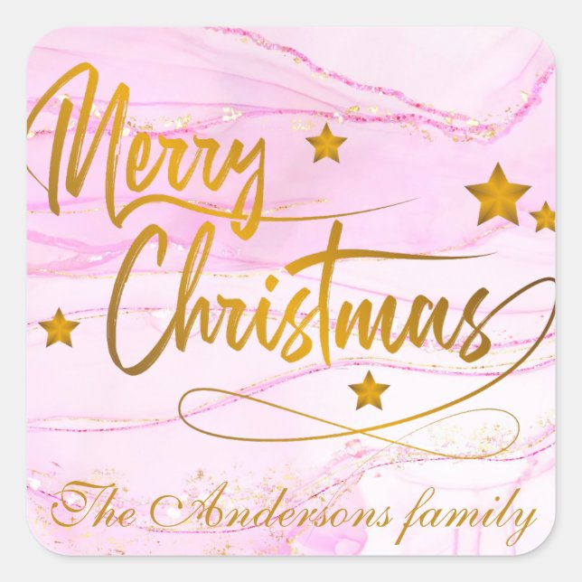 Gold Calligraphy Merry Christmas Personalised pink Square Sticker (Front)