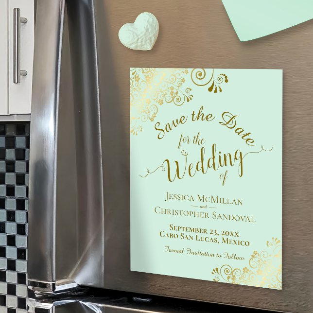 Gold Calligraphy Mint Green Save the Date Magnet (Creator Uploaded)