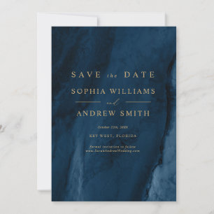 Gold Calligraphy & Navy Blue Save the Date Invitation