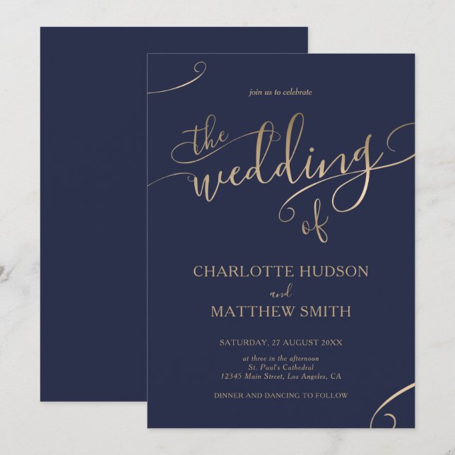 Gold Calligraphy | Navy Blue Wedding Invitation (Front/Back)