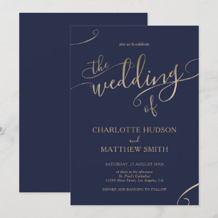 Gold Calligraphy   Navy Blue Wedding Invitation