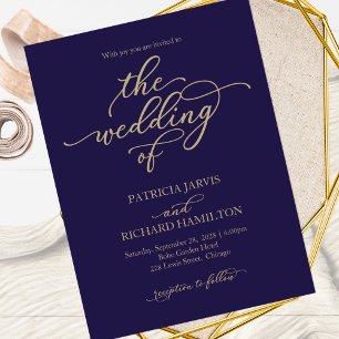 Gold Calligraphy Navy Blue Wedding Invitation Postcard