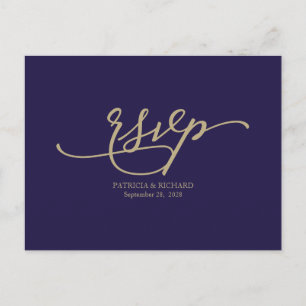 Gold Calligraphy Navy Blue Wedding RSVP Postcard