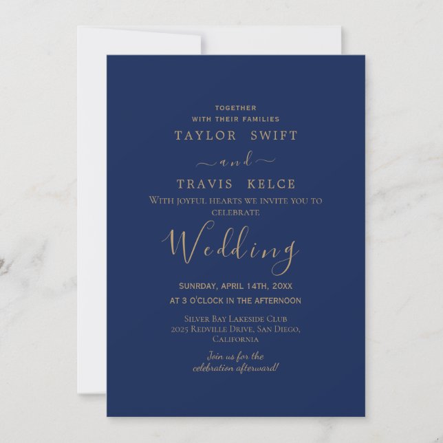Gold Calligraphy Navy Wedding Invitation (Front)