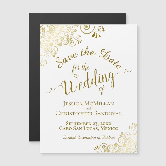 Gold Calligraphy on White Save the Date Magnet (Front/Back)