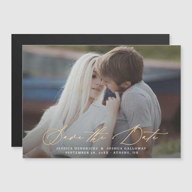 Gold Calligraphy Overlay Photo Save the Date Magnetic Invitation (Front/Back)