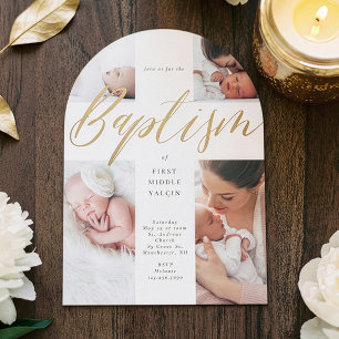 Gold Calligraphy Photo Collage Baby Baptism Cross Invitation
