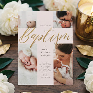 Gold Calligraphy Photo Collage Baby Baptism Cross Invitation