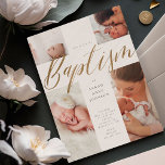 Gold Calligraphy Photo Collage Baby Baptism Cross  Invitation<br><div class="desc">Celebrate your son or daughter's baptism with our beautiful,  modern,  minimal,  and elegant design. Our design features a four-photo layout that creates the impression of a cross. "Baptism: is displayed in modern faux gold calligraphy. The reverse side features a simple faux gold cross in the middle.</div>