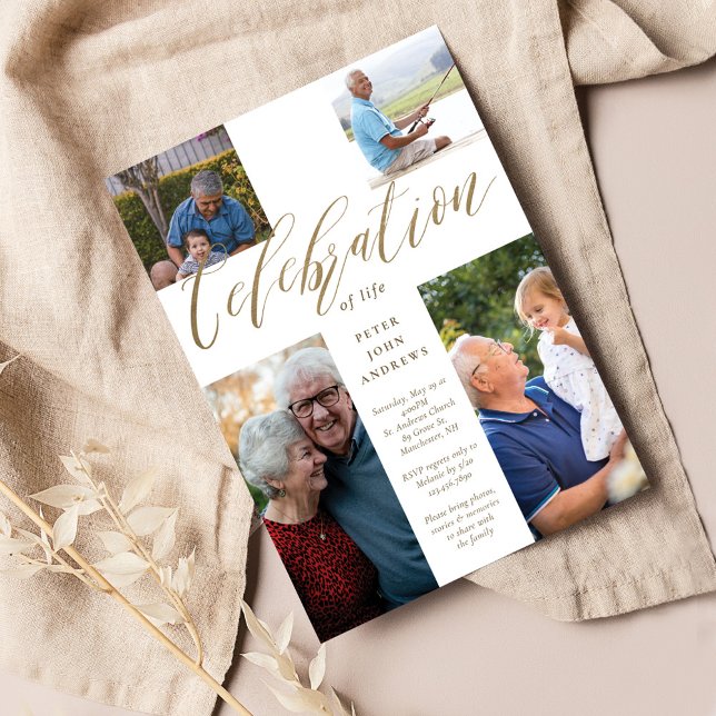 Gold Calligraphy Photo Cross Celebration of Life Invitation (Creator Uploaded)