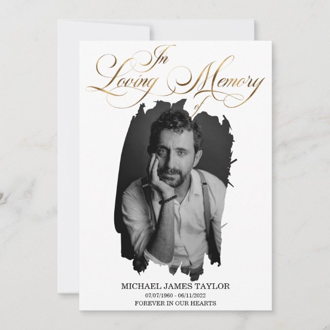 Gold Calligraphy Photo In Loving Memory Funeral In Invitation (Front)