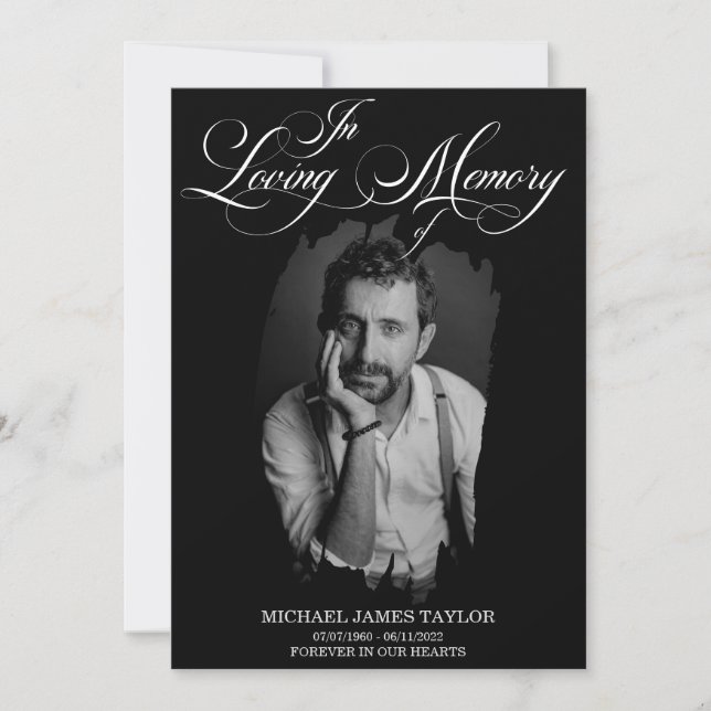 Gold Calligraphy Photo In Loving Memory Funeral In Invitation (Front)