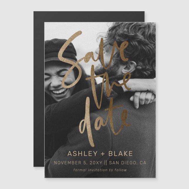 Gold Calligraphy Photo Save the Date Magnetic Invitation (Front/Back)