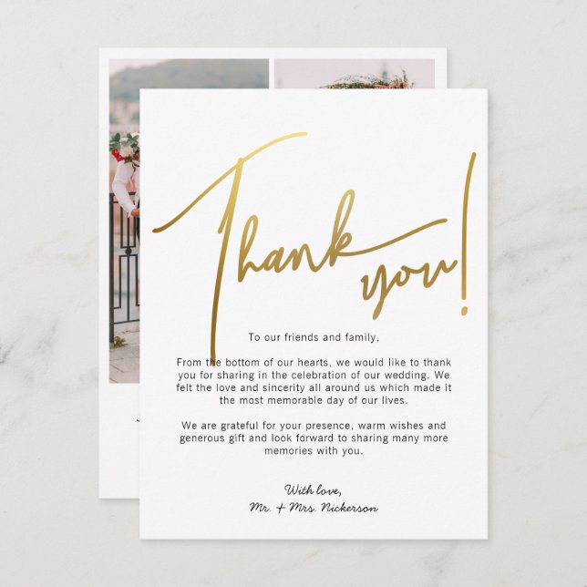 Gold Calligraphy Photos Wedding Thank You Card (Front/Back)