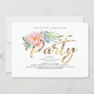 Gold Calligraphy Pink Floral Graduation Party Invitation