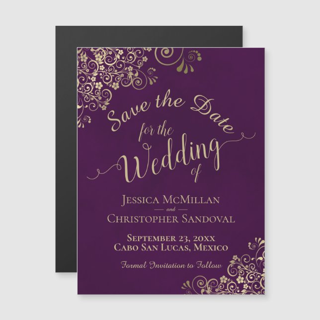 Gold Calligraphy Plum Wedding Save the Date Magnet (Front/Back)