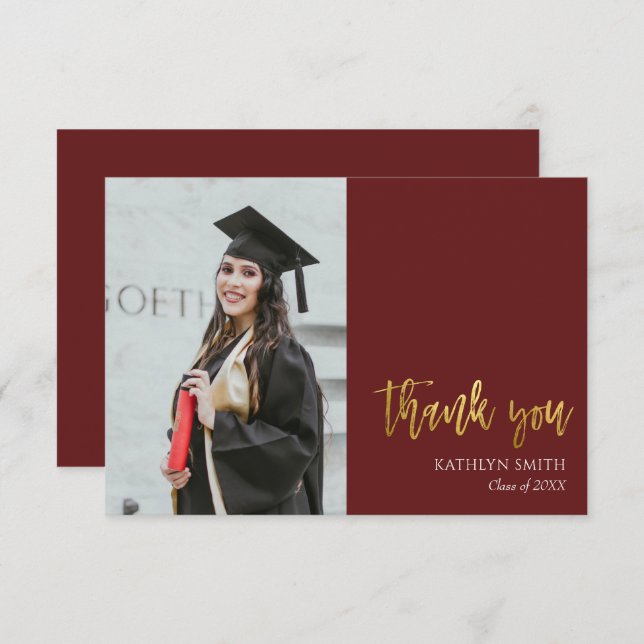 Gold Calligraphy Red Modern Photo Graduation Thank You Card (Front/Back)