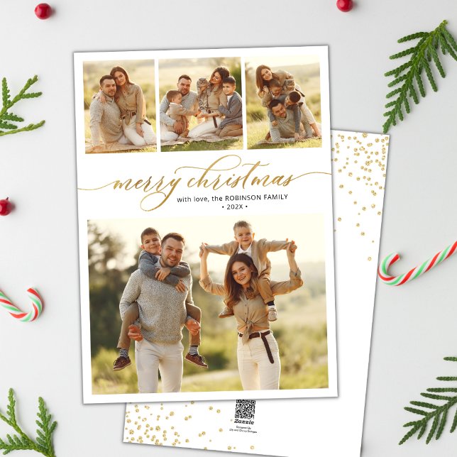 Gold Calligraphy Script 4 Multi Photo Christmas  Holiday Card (Creator Uploaded)